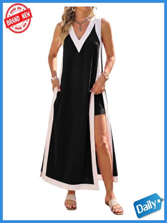 Dresses & Skirts - Women's Sleeveless V-Neck Maxi Dress with Matching Shorts 2-Piece Set